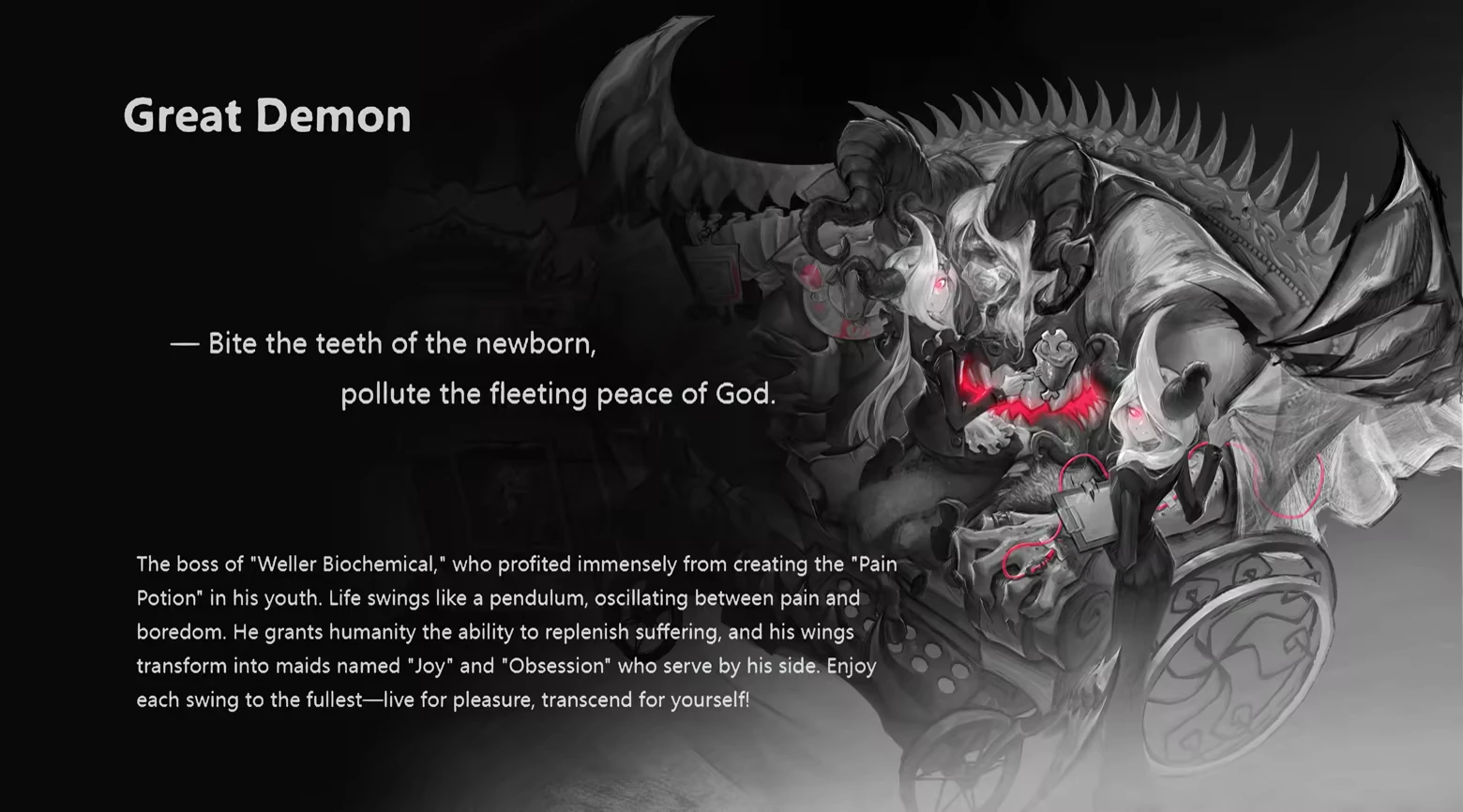 DAUGHTER OF PAIN: “Great Demon” text beside horned demon and two girls, red accents.