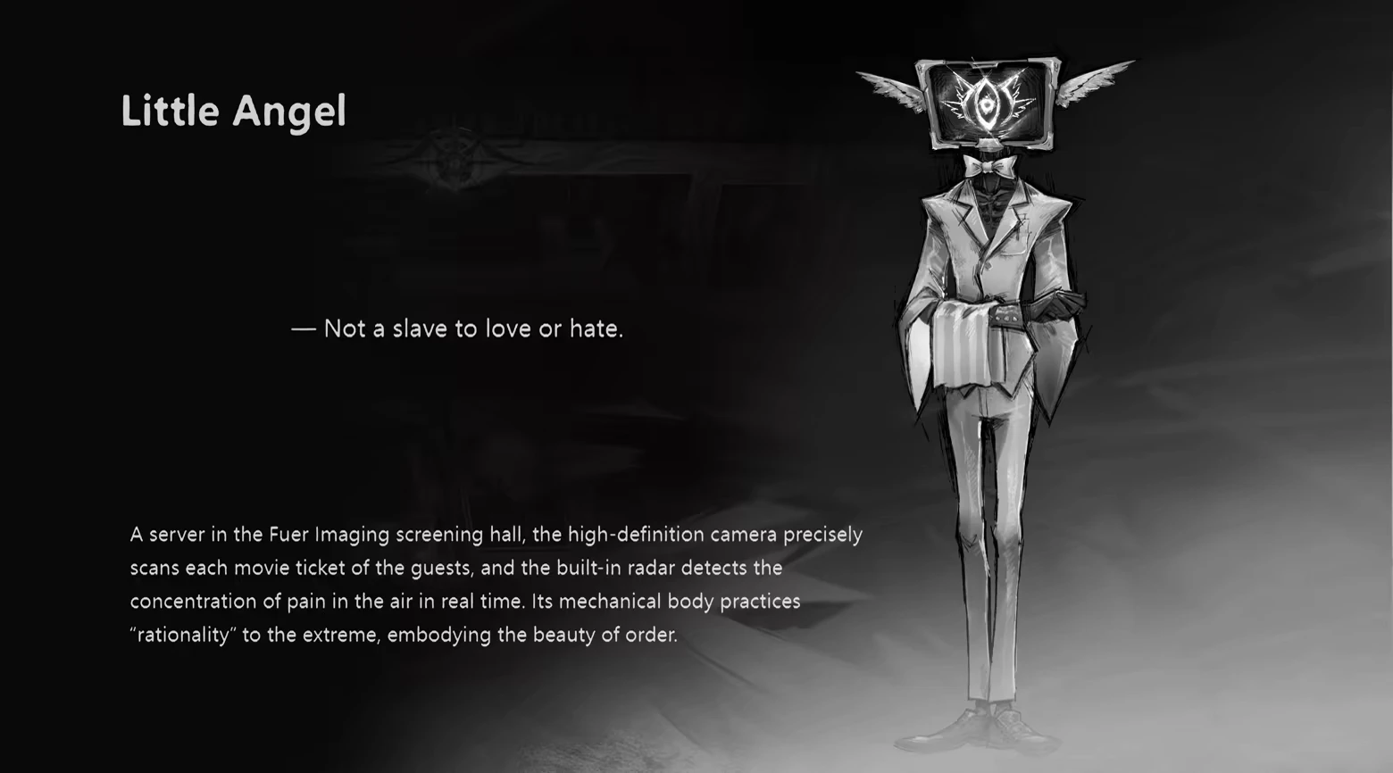 DAUGHTER OF PAIN: “Little Angel” profile text beside winged TV-headed figure in suit.