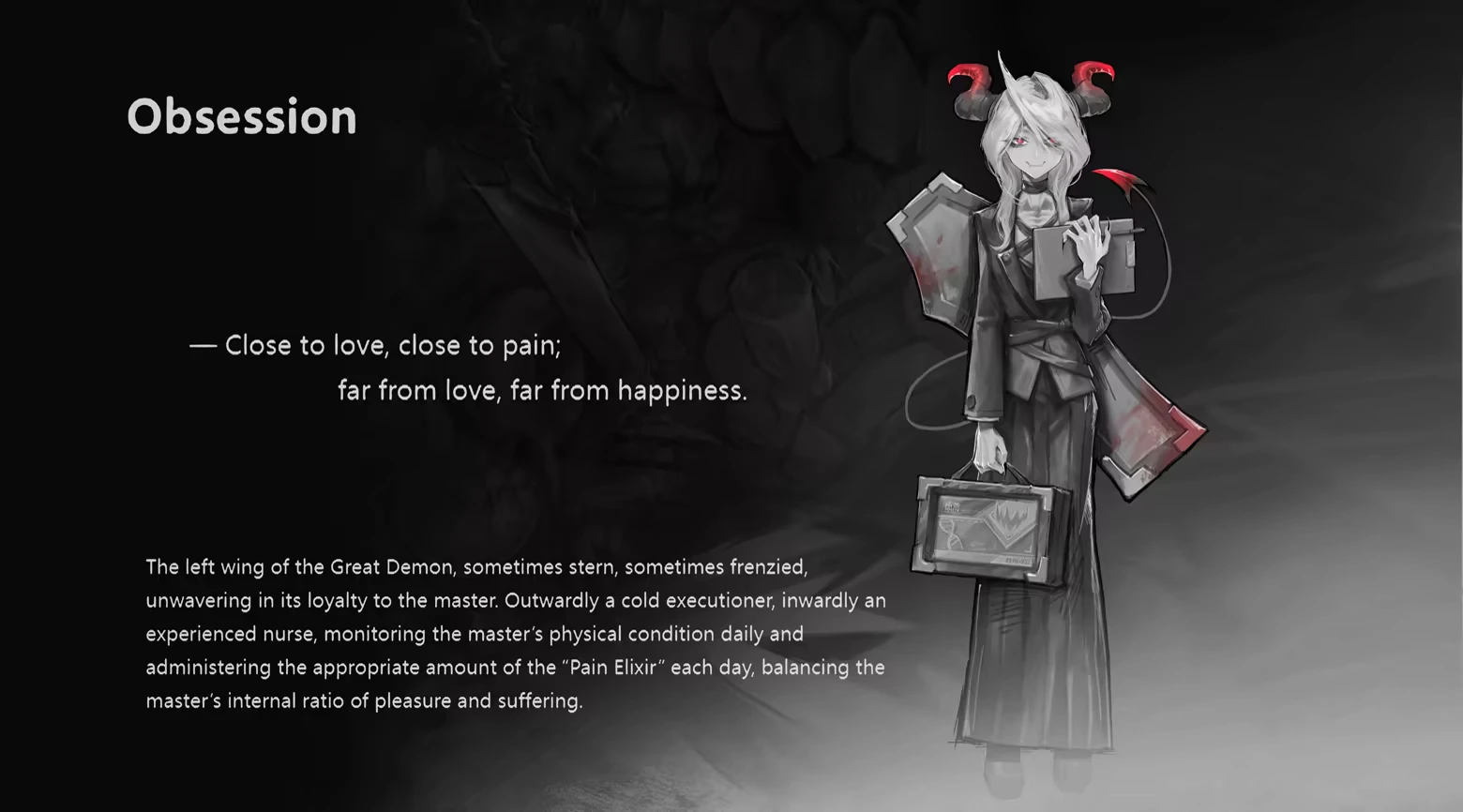 DAUGHTER OF PAIN: Obsession text beside horned woman holding clipboard and case in gray art.