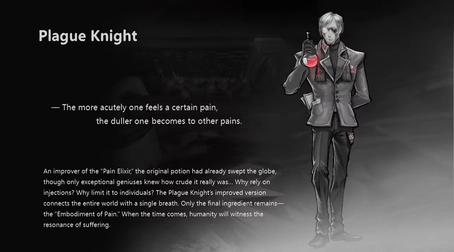 DAUGHTER OF PAIN: Plague Knight text beside man in gray suit holding red vial.
