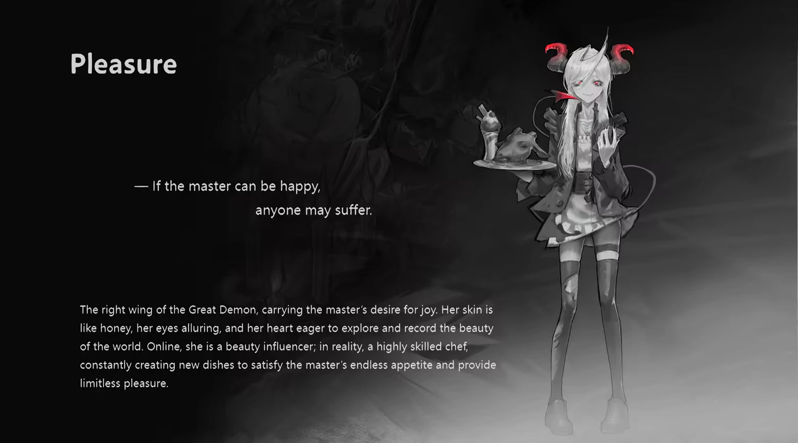 DAUGHTER OF PAIN: “Pleasure” text beside horned girl holding tray with drink and roast.