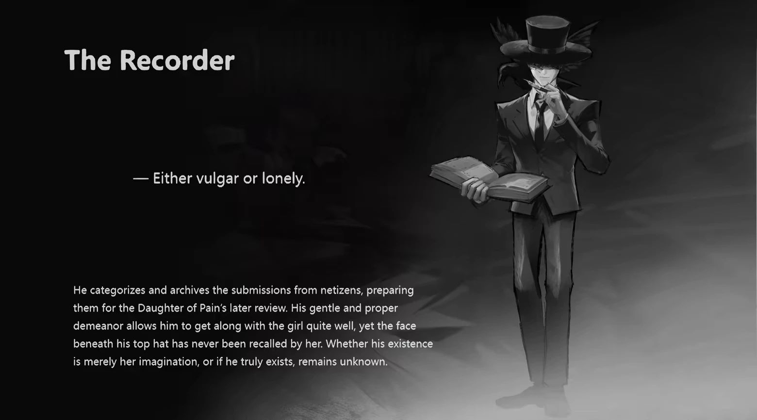 DAUGHTER OF PAIN: “The Recorder” text beside a suited man in top hat holding a book.