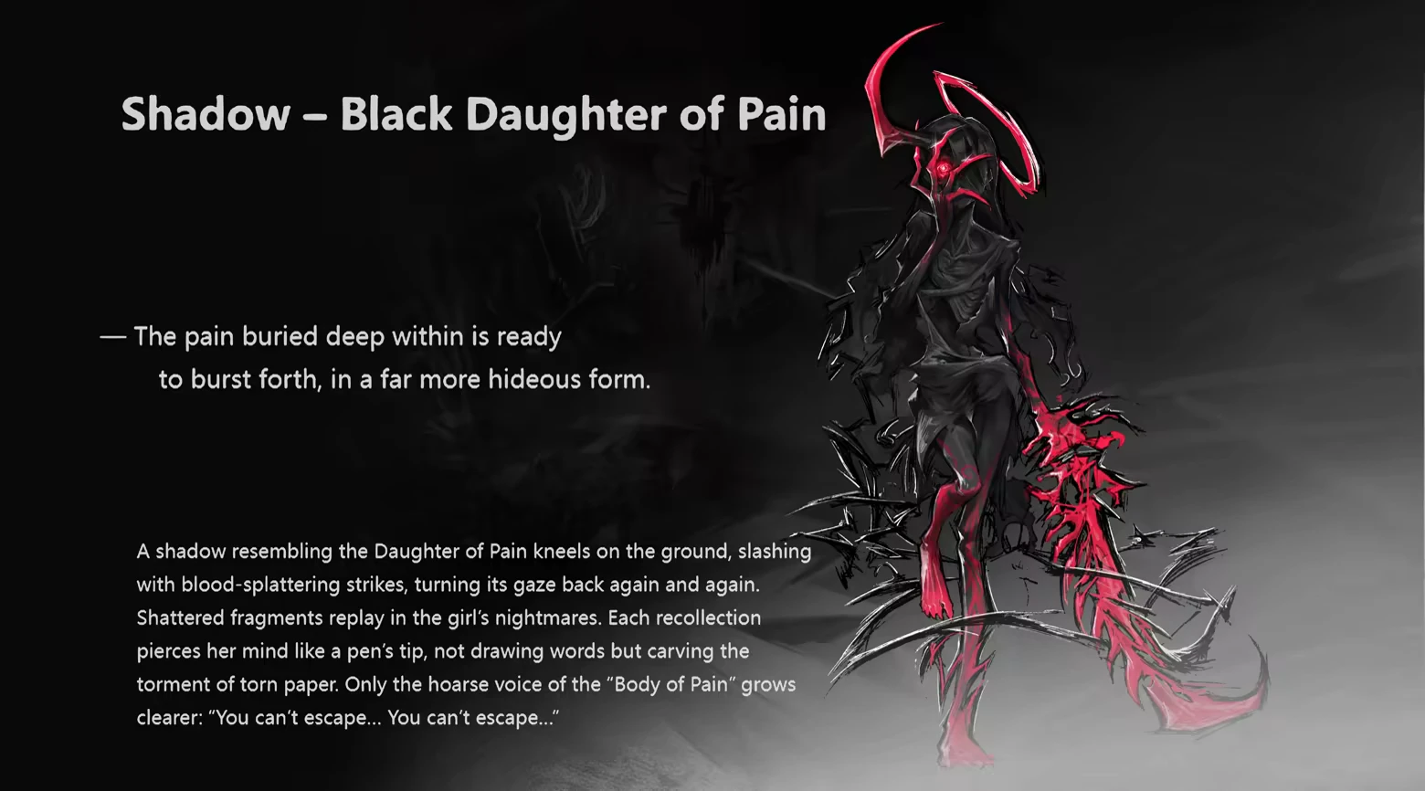 DAUGHTER OF PAIN: Text “Shadow – Black Daughter of Pain” beside red-black horned figure.