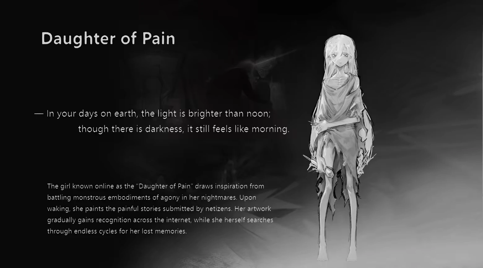 DAUGHTER OF PAIN: Title text with grayscale sketch of a girl and story paragraph on black background.