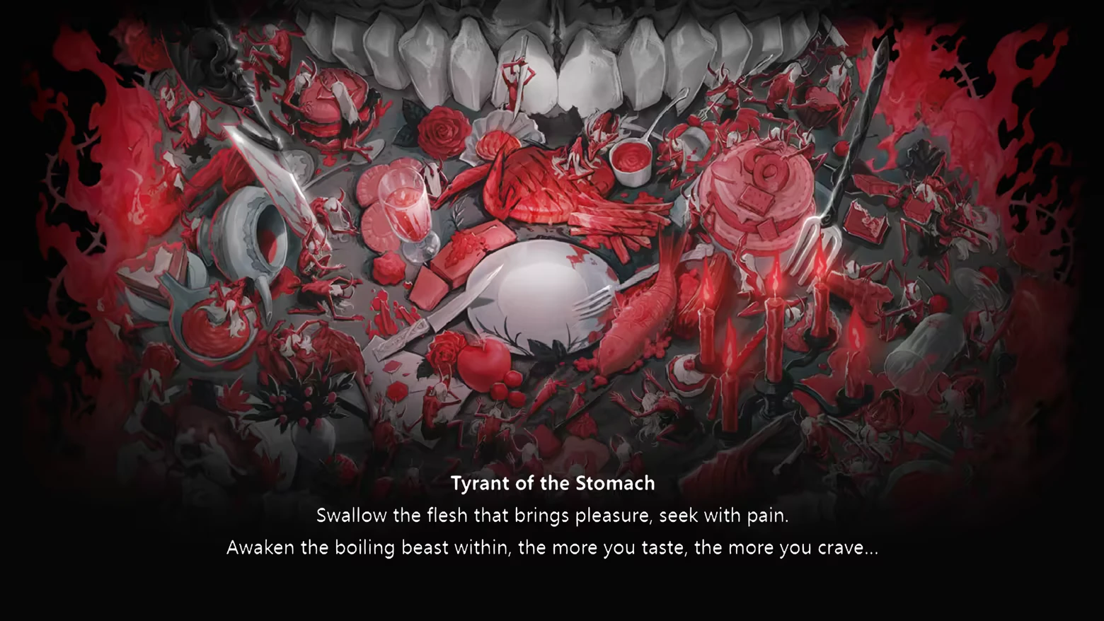 DAUGHTER OF PAIN: Red feast spread under teeth; text reads “Tyrant of the Stomach”.