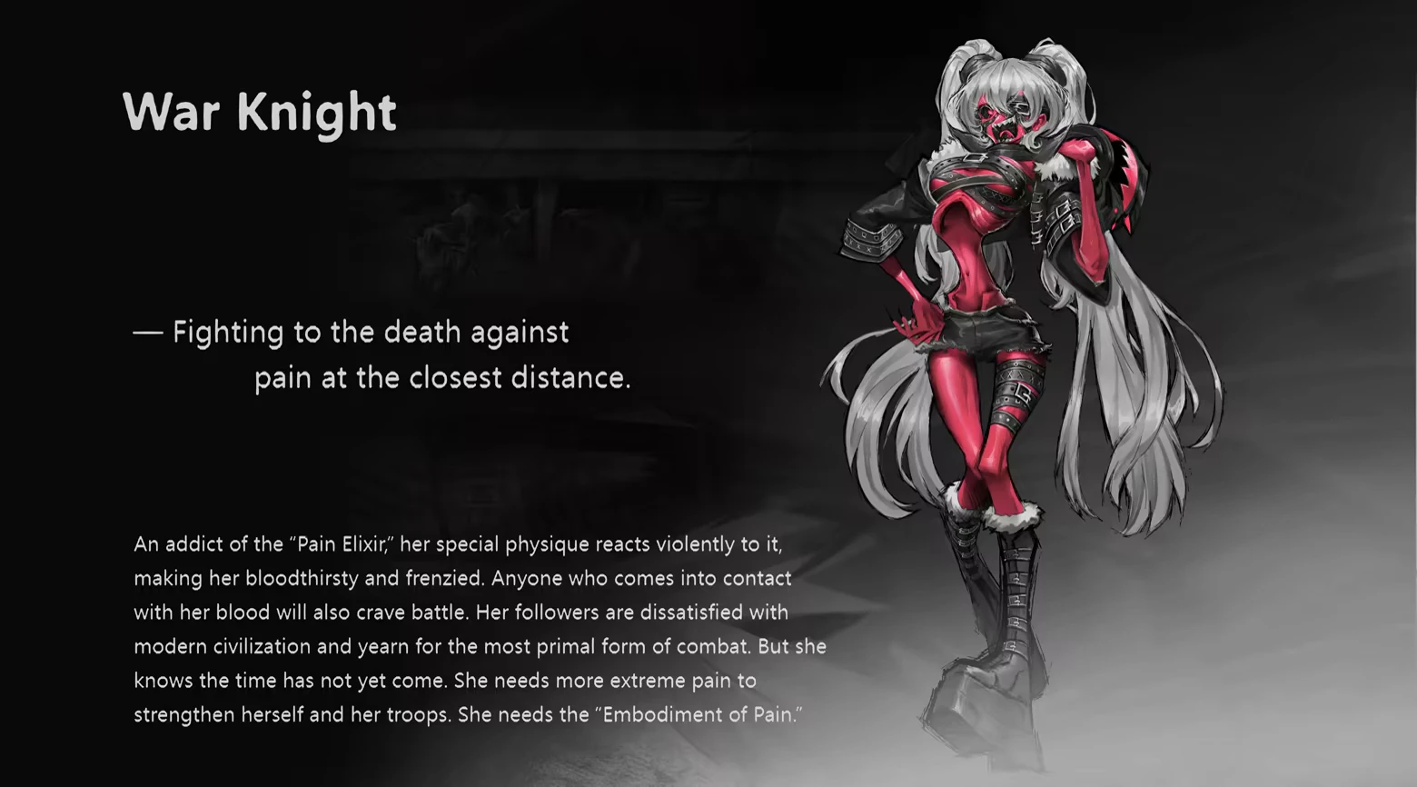 DAUGHTER OF PAIN: War Knight text beside red-skinned armored woman with long white hair.
