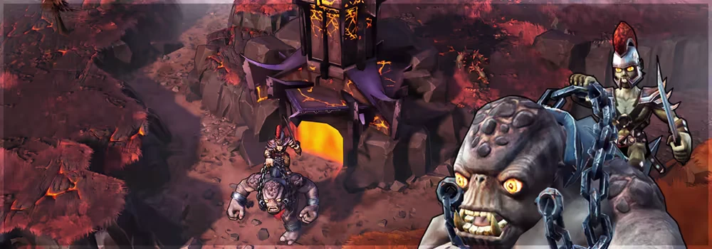 Chained Ogre Rider – Dawn of Defense Dawn of Defense: Armored rider on chained ogre, lava-lit fortress in rocky canyon.
