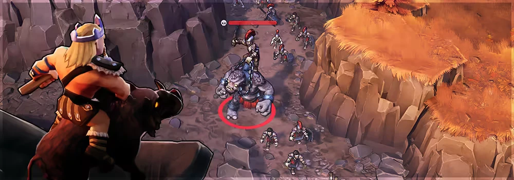 Troll Boss Fight – Dawn Of Defense Dawn Of Defense: Warrior on bear watches ogre and soldiers in rocky canyon, red ring.