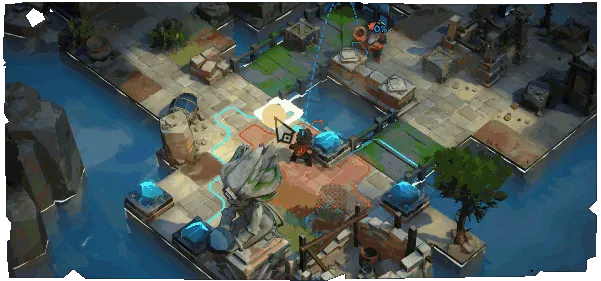 Day of the Shell: Isometric view of a tactical grid with statues, water, and a character aiming.