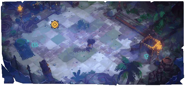 Day of the Shell: Character on a tiled path with torches, palm trees, and a glowing icon.