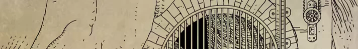 Daymare Town: Hand-drawn archway with metal bars and a gear mechanism on a textured wall.