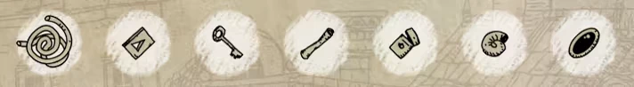 Daymare Town: Six hand-drawn icons on parchment, including a rope, key, and shell.