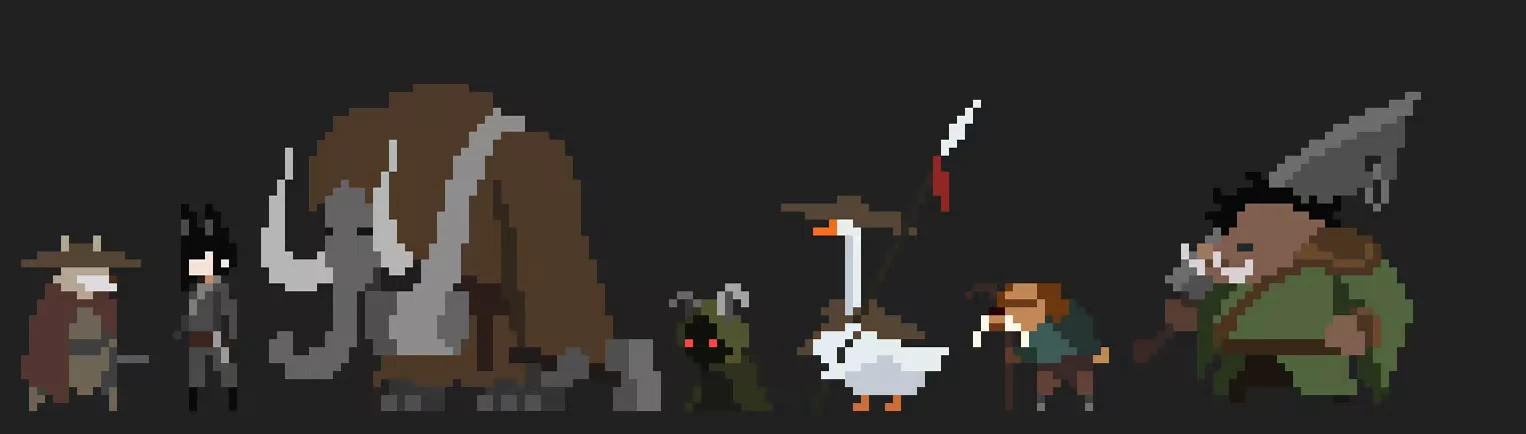 Character Lineup – 亡犬 Dead Dog 亡犬 Dead Dog: Pixel art characters include a giant mammoth, a goose with a hat, and others.