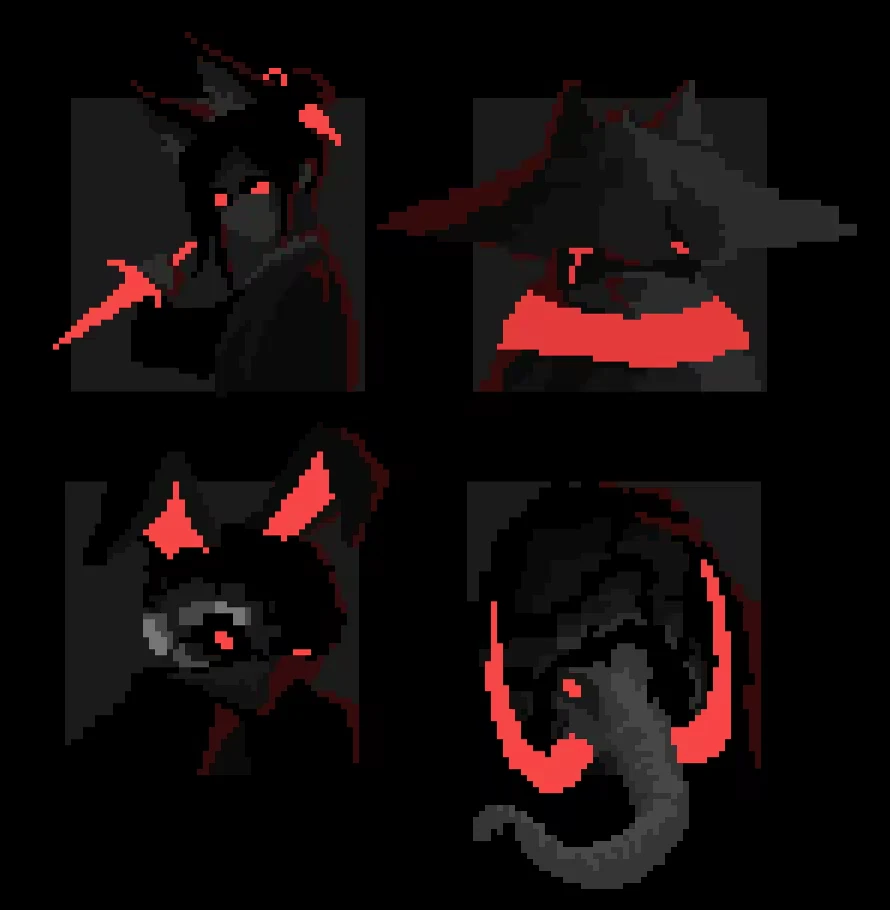 Characters Portraits – 亡犬 Dead Dog 亡犬 Dead Dog: Four pixel art characters with red highlights in dark squares.