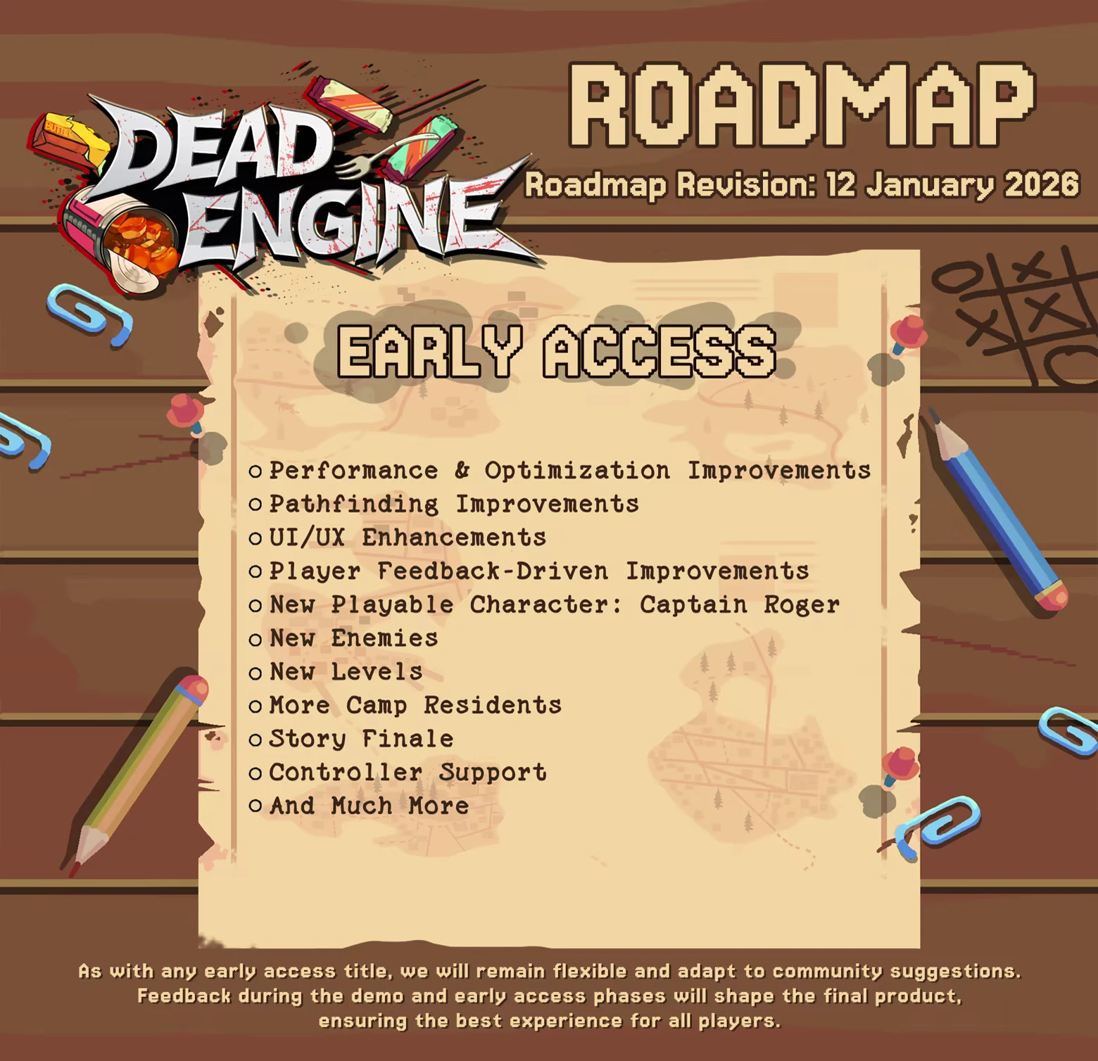 Early Access Roadmap – Dead Engine Dead Engine: Roadmap with "Early Access" features listed on a parchment with pencils and paperclips.