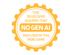No Gen Ai – Dead Finger Dice Dead Finger Dice: Gold gear emblem with text stating no AI was used in this indie game.