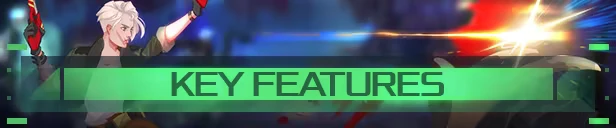 Dead in Antares: Character with white hair and red gloves, text "KEY FEATURES" in green.