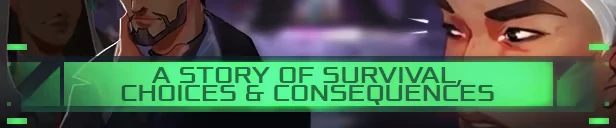 Dead in Antares: Green text reads "A Story of Survival, Choices & Consequences" over character faces.