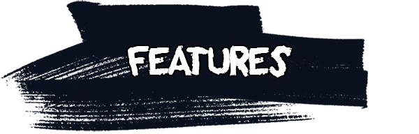 Dead Pets Unleashed: "FEATURES" in bold, white text on a dark, brushstroke background.