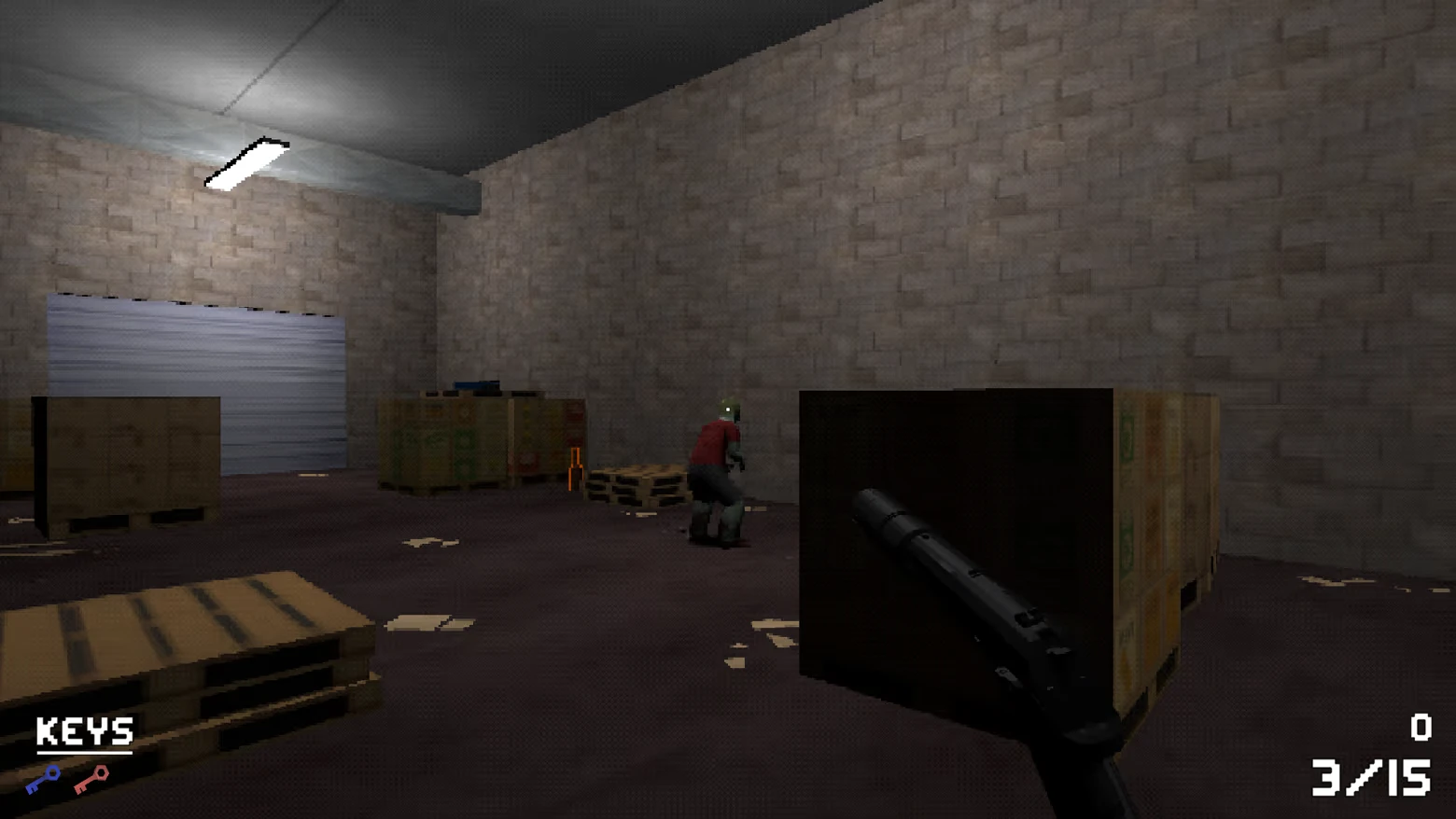 Warehouse Ambush – DEADBUS DEADBUS: A player aims a gun at a crouching figure in a warehouse. Ammo count shows 3/15.