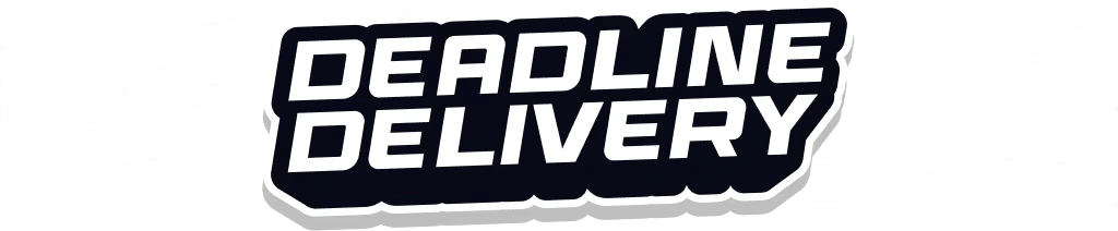 Logo Design – DEADLINE DELIVERY DEADLINE DELIVERY: Bold white text on a black background with wavy lines resembling a stamp.
