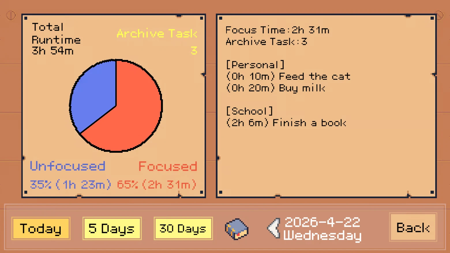 Focus Stats Screen – Deadline Savior Deadline Savior: Pie chart of focused vs unfocused time and task list with durations.