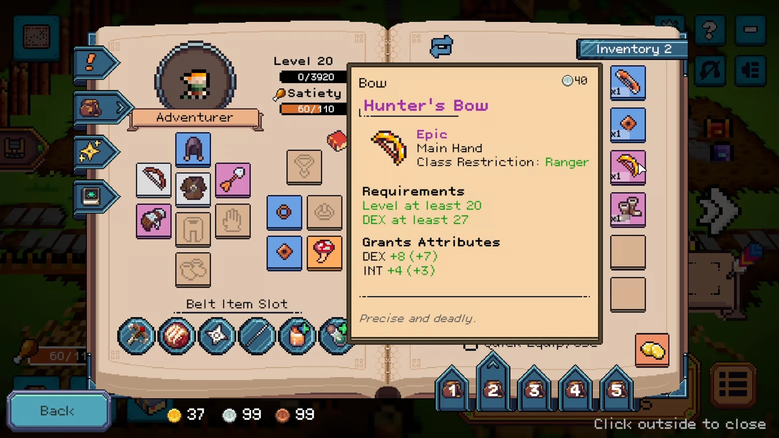 Inventory Item Tooltip – Deadline Savior Deadline Savior: Inventory screen showing Hunter's Bow stats panel and gear slots UI.