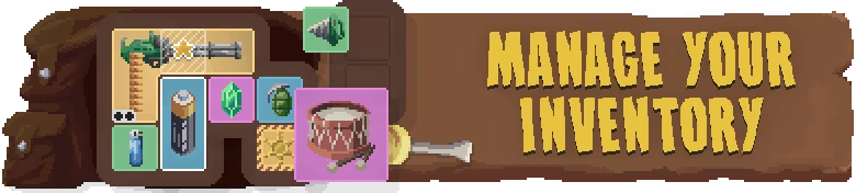 Deadly Days: Pixelated inventory with items, "Manage Your Inventory" in bold yellow text.