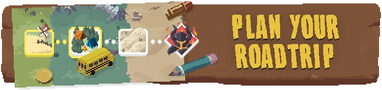 Deadly Days: Pixel art map with icons, yellow bus, and "PLAN YOUR ROADTRIP" in bold yellow text.