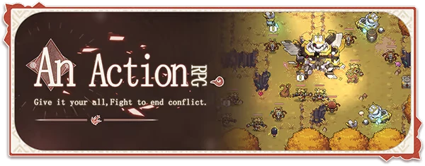 DearMyFriend: "An Action RPG" text with pixelated battle scene, characters, and autumn trees.