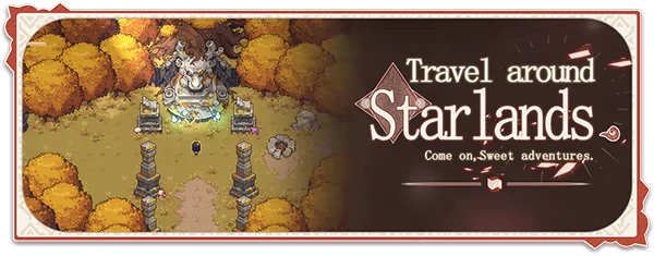DearMyFriend: A character stands before a glowing statue in a forest. Text reads "Travel around Star lands. Come on, Sweet adventures."