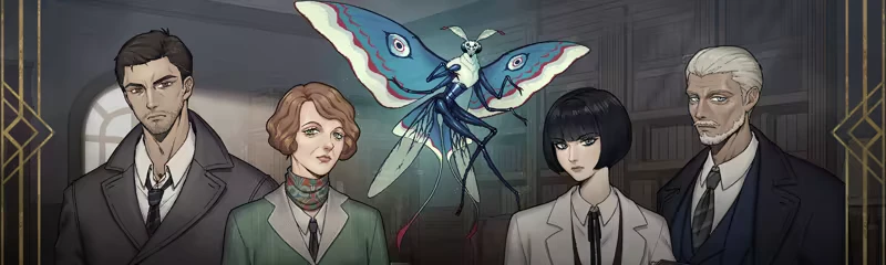 Death & Faeology: Four characters in suits and a large, colorful moth in a dimly lit room.