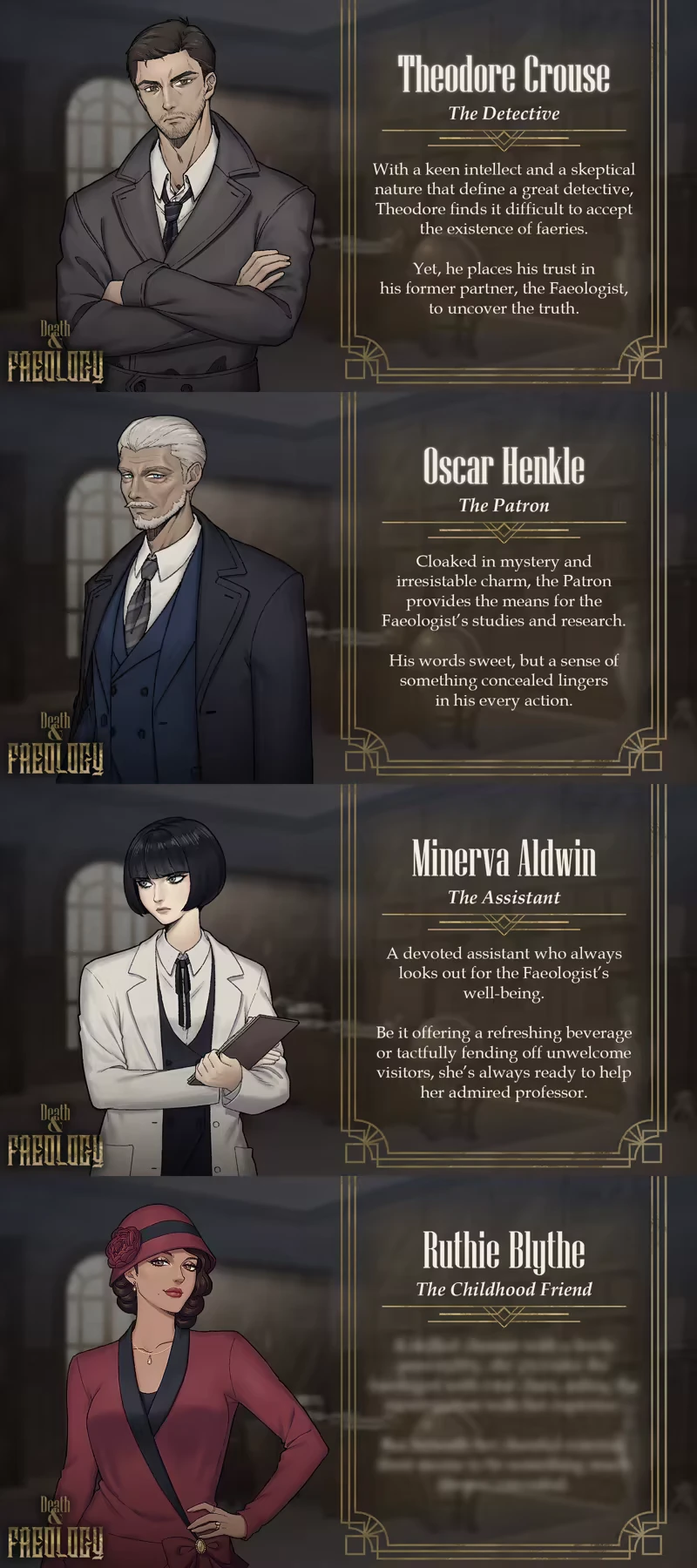 Death & Faeology: Four character profiles with detailed descriptions and elegant attire.