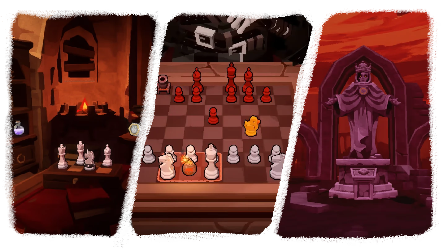 DEATHMATE: Chessboard battle with red and white pieces, purple crowned statue at right.