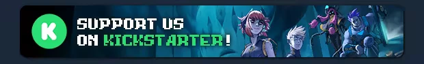 DeathTower: Pixelated text "SUPPORT US ON KICKSTARTER!" with four futuristic characters.