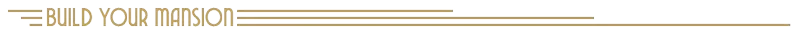 Build Mansion – Deck of Haunts Deck of Haunts: Gold text "BUILD YOUR MANSION" with horizontal lines on a black background.