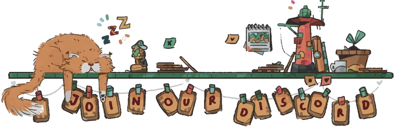 Sleepy Cat Banner – Deck of Memories Deck of Memories: Sleeping cat on shelf above tags spelling JOIN OUR DISCORD.