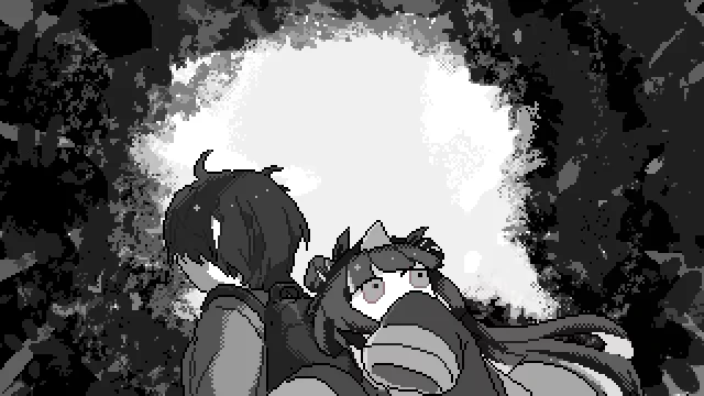 Decollate Decoration: Two characters back-to-back, one with wide eyes, in a dark, textured scene.