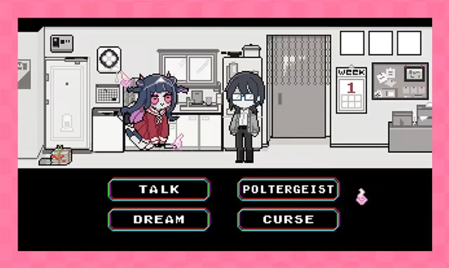 Decollate Decoration: Ghost girl in red sits in a room with a calendar, options: Talk, Dream, Curse.