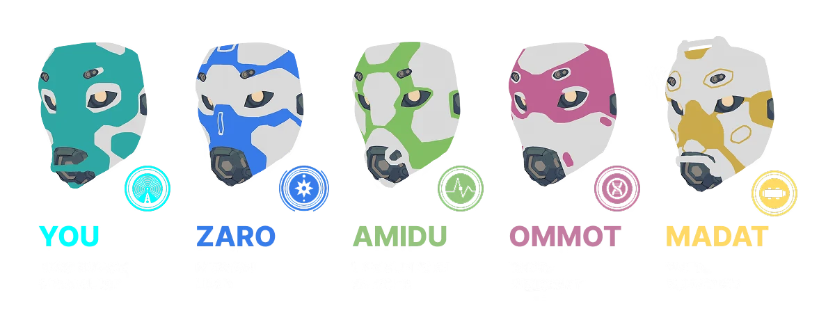 Deep Fog Signals: Five masked crew portraits with names and roles in bold colored text.