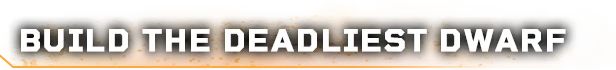 Deep Rock Galactic: Bold white text on a fiery orange background reads "BUILD THE DEADLIEST DWARF".