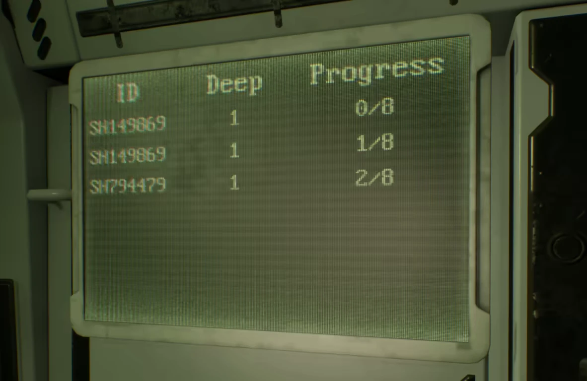 Deep Space Corridor: CRT screen shows IDs, Deep level 1, and progress 0/8, 1/8, 2/8.
