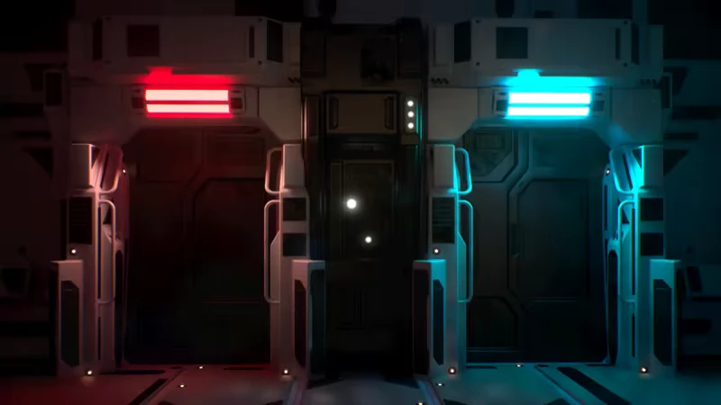 Deep Space Corridor: Two futuristic doors, one lit red and the other blue, in a dimly lit hallway.