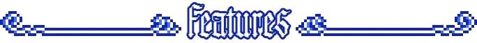 DeeSicks: Blue pixel-art header reading “Features” with ornate horizontal borders.
