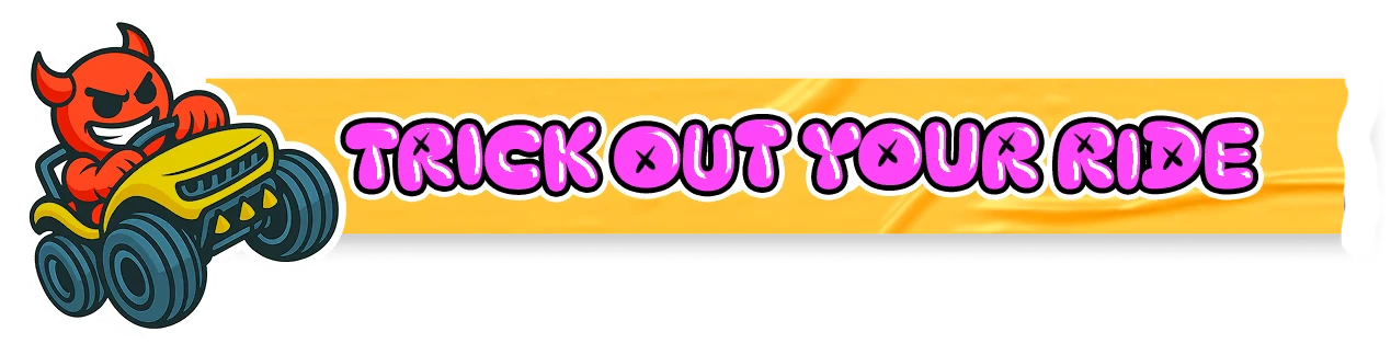 DeGen Rivals: Red devil driving yellow monster truck, text “TRICK OUT YOUR RIDE”.