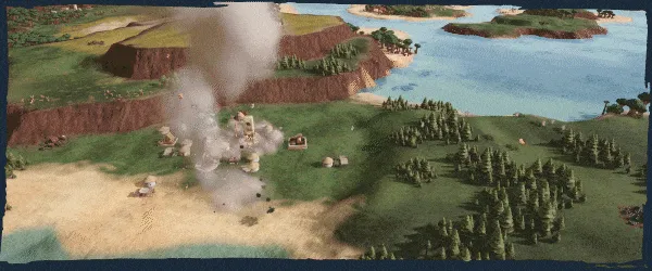 Demiurgos: Smoke rises from a small village on a grassy coast, with cliffs and water nearby.