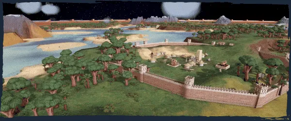 Demiurgos: A walled settlement with trees, a river, and mountains under a starry night sky.