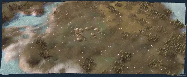 Demiurgos: Aerial view of a landscape with forests, rivers, and scattered glowing points.