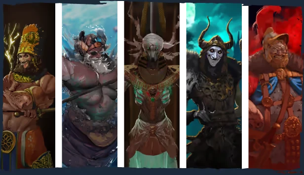 Demiurgos: Five diverse deities, each with unique attire and expressions, stand in vertical panels.