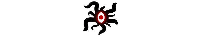 Demon Bluff: Red eye symbol with black tendrils on a white background.